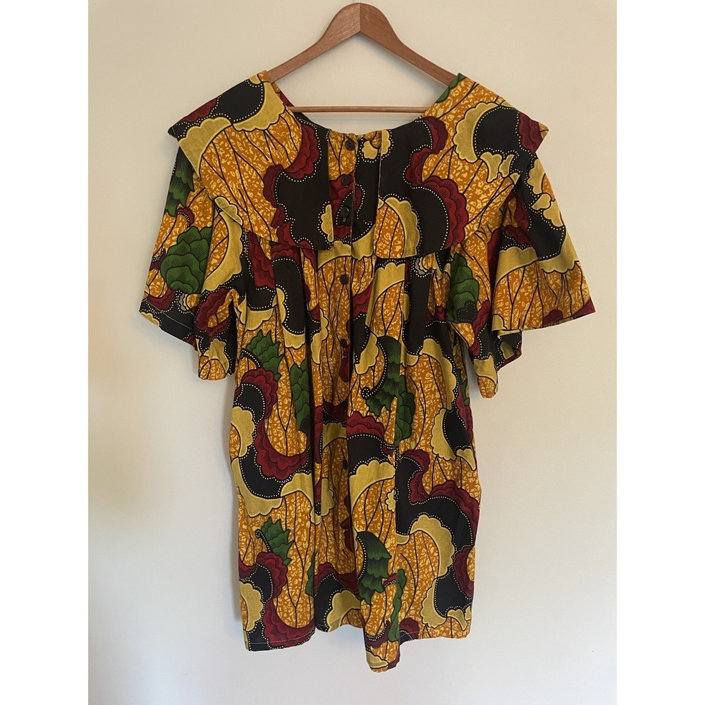 African Wax Print Mini Dress Yellow Red Floral Ruffle Collar Flutter Sleeve. OS.